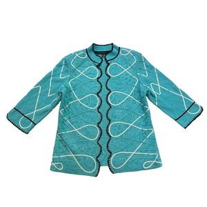 Ming Wang Cardigan Womens Small S Blue White Black Open Front 3/4 Sleeve